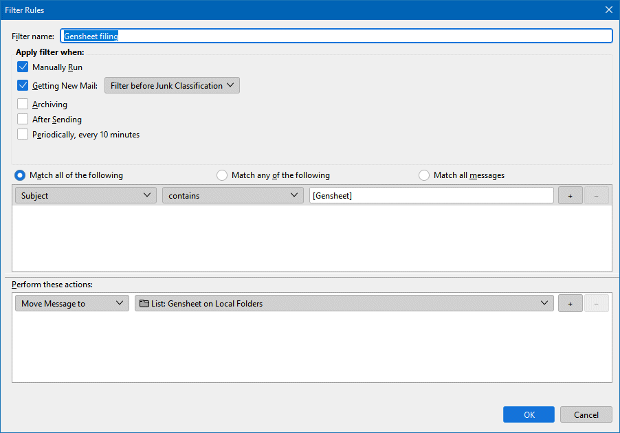 Thunderbird Inbox setup screen